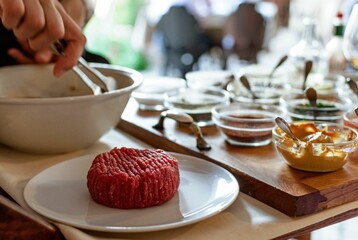 Closeup shot of chef making steak tartare on trolley with spices and ingredients