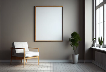 Modern living room with empty canvas or wall decor frame in center. Product presentation advertisement background, image and photograph art display, mock up editor.