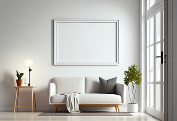 Modern living room with empty canvas or wall decor frame in center. Product presentation advertisement background, image and photograph art display, mock up editor.