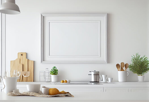 Modern living room with empty canvas or wall decor frame in center of kitchen. Product presentation advertisement background, image and photograph art display, mock up editor.