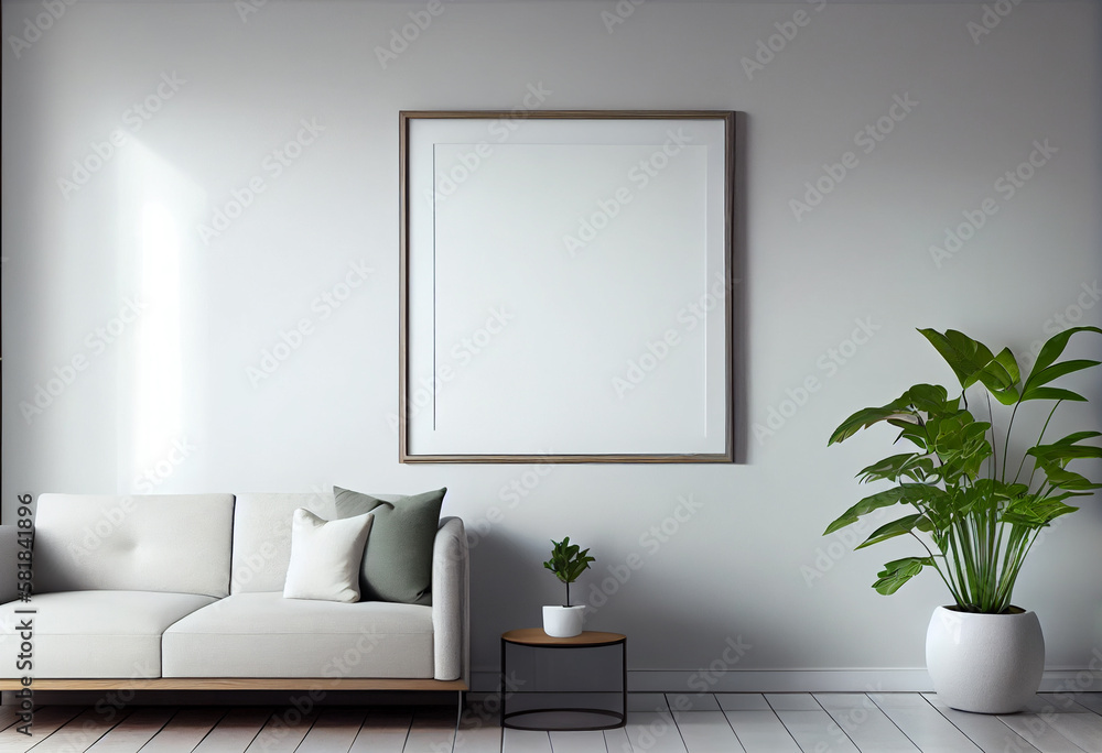 Wall mural Modern living room with empty blank canvas or wall decor frame in center. Product presentation advertisement background, image and photograph art display, mock up editor.