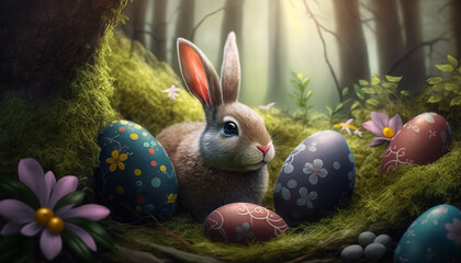 easter bunny in the forest among easter eggs a small fluffy rabbit is looking for color