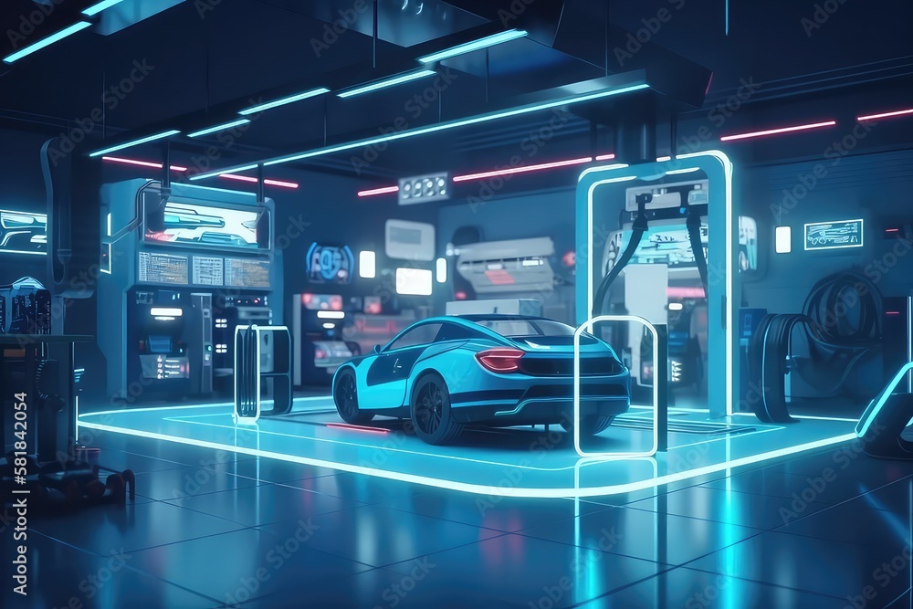 Poster futuristic auto service station. generative ai
