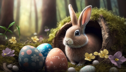 Fototapeta na wymiar easter bunny in the forest among easter eggs a small fluffy rabbit is looking for color