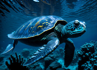 Illustration of a turtle swimming in shallow sea water. Through the cracks of the beautiful sea coral. The turtle is heading towards the beach for the purpose of laying eggs.