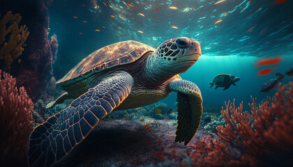 Fototapeta premium Illustration of a turtle swimming in shallow sea water. Through the cracks of the beautiful sea coral. The turtle is heading towards the beach for the purpose of laying eggs.