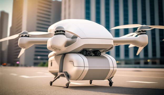 Autonomous driverless aerial vehicle flying on city background. generative ai