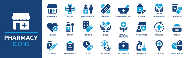 Pharmacy icon set. Medicine, bandage, medication, prescription, treatment, health and syringe symbol. Solid icons vector collection. - obrazy, fototapety, plakaty