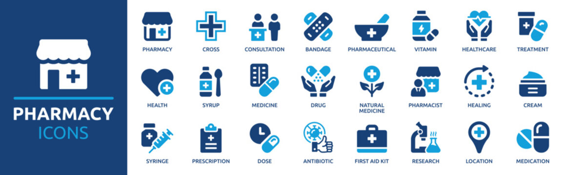 Pharmacy icon set. Medicine, bandage, medication, prescription, treatment, health and syringe symbol. Solid icons vector collection.
