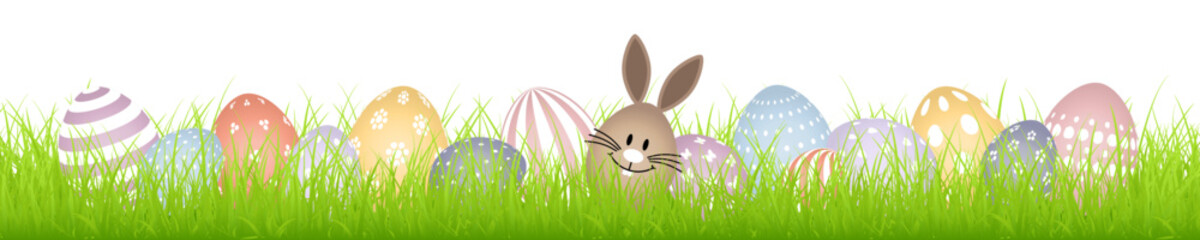 Banner Braunes Hasenei Mit Ostereiern Weißes Muster Wiese Bunt