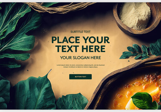 Top View of Table with Bowl of Cheese Soup Mockup of Food Next to Green Leaves Generative AI
