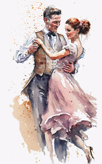 Lindy Hop couple dancing together, watercolour painting style. Generative AI