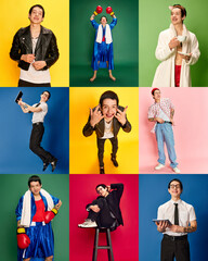Set of portraits of young man in different fashion style and images over coloured background. Concept of positive emotions, happiness, youth trends