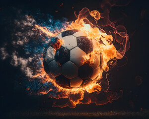 Burning soccer ball in goal with flaming net, football champion league
