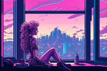 The Beauty of Urban Landscapes: Woman Enjoying the 8-bit Cityscape from a Window