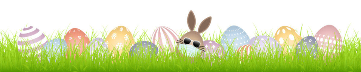 Banner Braunes Hasenei Maske Sonnenbrille Mit Ostereiern Weißes Muster Wiese Bunt