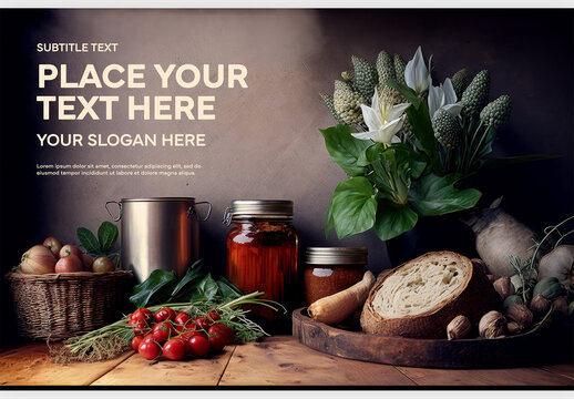 A Bunch of Vegetables and Bread Mockup Next to a Bowl of Vegetables on the Wood Surface Generative AI
