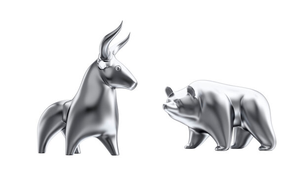 A Bull and a Bear Figurines. Metallic statuettes of a bull and a bear as metaphoric stock market players. 3D-rendered graphics isolated on transparent background.