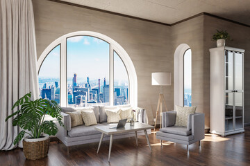 luxurious loft apartment with arched window and panoramic view over urban downtown; noble interior living room design mock up; 3D Illustration