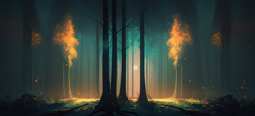 the magical and mysterious atmosphere of a quiet forest at night background, Generative AI