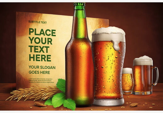 Beer Bottles and Three Glass of Beer Mockup on the Wood Surface Generative AI
