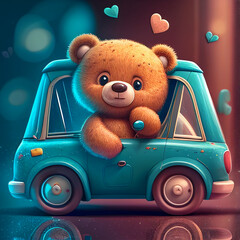 Cute bear inside a car, hearts, wallpaper - Generative AI