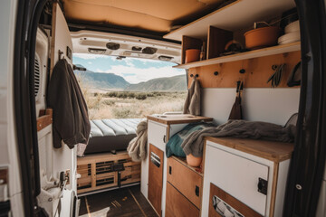 Fototapeta premium interior of a camper van. Van life. adventure holiday. Generative ai