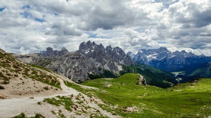 Beautiful landscape of the Tre Cime di Lavaredo mountain range in Dolomites, Italy.