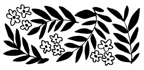 Set of floral elements. Vector drawing, black silhouette. Various branches with leaves, small flowers. Spring-summer collection.