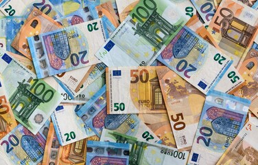 Close-up shot of scattered Euro banknotes