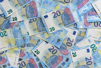 Close-up shot of scattered 20 Euro banknotes