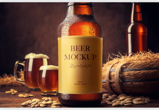 Horizontal View of a Bottle of Beer and a Beer Glasses Mockup on the Wooden Table Generative AI
