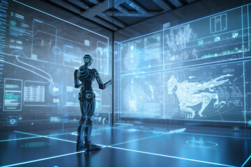 generative ai robot humanoid working in futuristic office