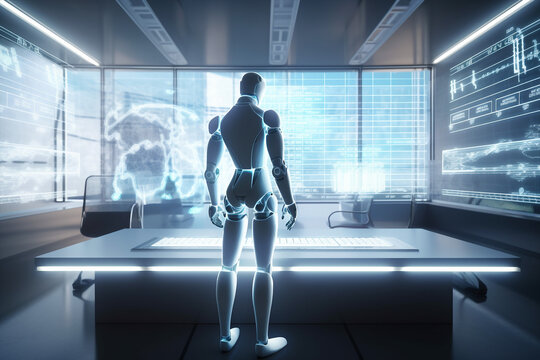 generative ai robot humanoid working in futuristic office