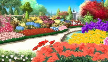 Colorful Garden: A Beautiful Sketch of a Park Filled with a Variety of Plants and Flowers. Generative Ai.