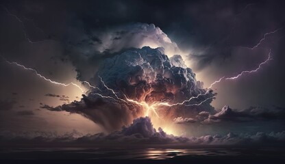 Electric Storm: A Breathtaking View of Yellow Lightning and Intense Clouds Over the Sea. Generative Ai.