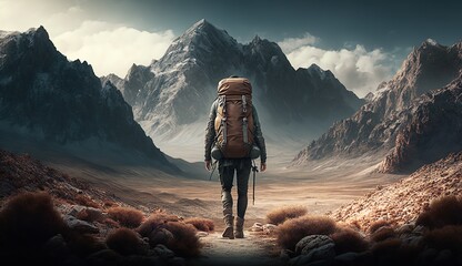 Solo Expedition: A Lone Adventurer with Backpack and Mountains in the Desert. Generative Ai.