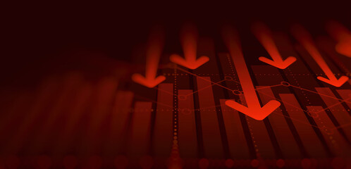 Business chart with moving down arrow graph in bear stock market on red color background © iamchamp