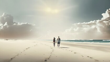Romantic Stroll: A Couple Walking Hand in Hand on the Beach. Generative Ai.