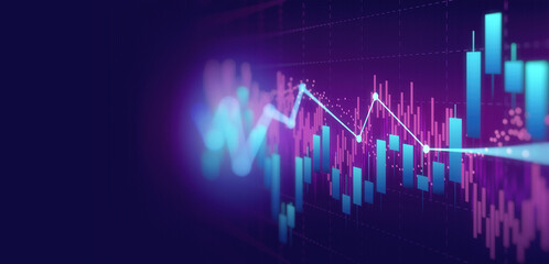 Financial graph with up trend line candlestick chart in stock market on neon color Widescreen background - obrazy, fototapety, plakaty