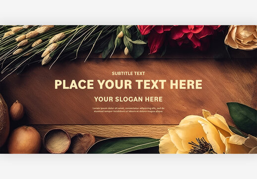 Top View of Bunch of Flowers and Berries Mockup on the Wooden Surface Generative AI
