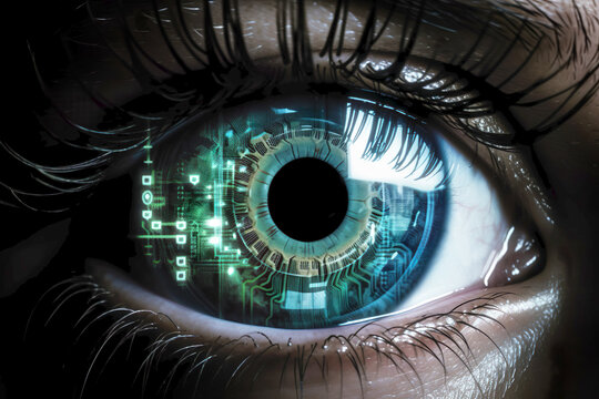 A close-up of a person's eye with a computer circuitry in it, representing the ever-present nature of technology in our lives. Ai concept . Created using generative AI tools