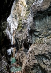 Partnacklamm Gorge in Garmisch-Partenkirchen, Germany with ice hanging from the edge of cliffs