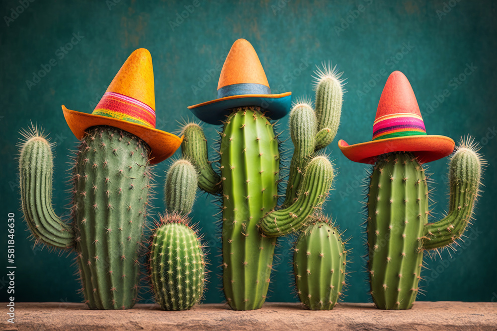 Sticker cactus wearing a mexican sombrero hat. cinco de mayo celebration background. generative ai