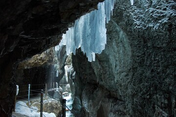 Partnacklamm Gorge in Garmisch-Partenkirchen, Germany with ice hanging from the edge of cliffs