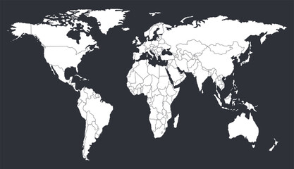World map in white color, with all country borders on black background. Vector illustration.