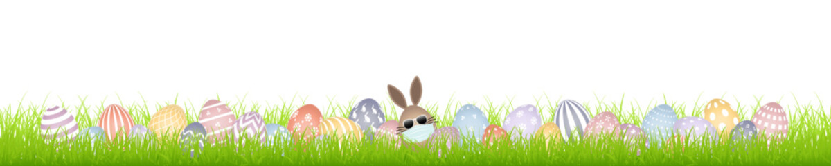 Braunes Hasenei Maske Sonnenbrille 28 Ostereier Muster Wiese Banner Bunt