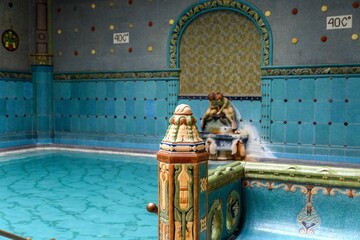 Naklejka premium Spectacular blue thermal pool at Gellert Spa in Budapest, Hungary.