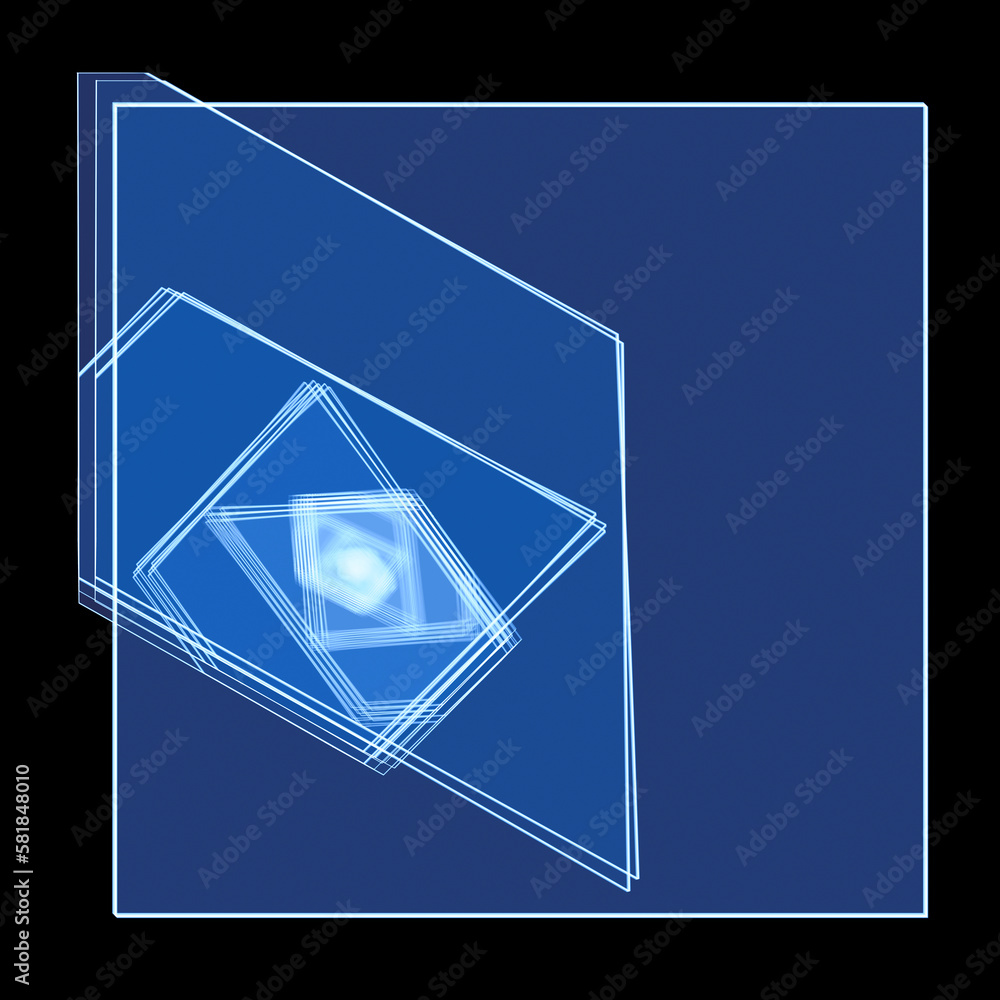 Poster blue geometric shapes with a white stroke on a black background. abstract background with nested sha