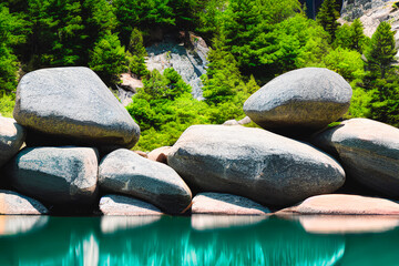 Naklejka na ściany i meble Lago con rocas grandes | Generative AI 